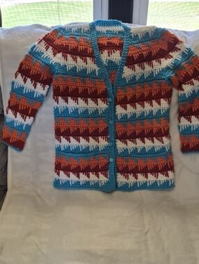 Handcrafted Multicolor Crochet Cardigan Sweater - Blue, Orange, White, Rust